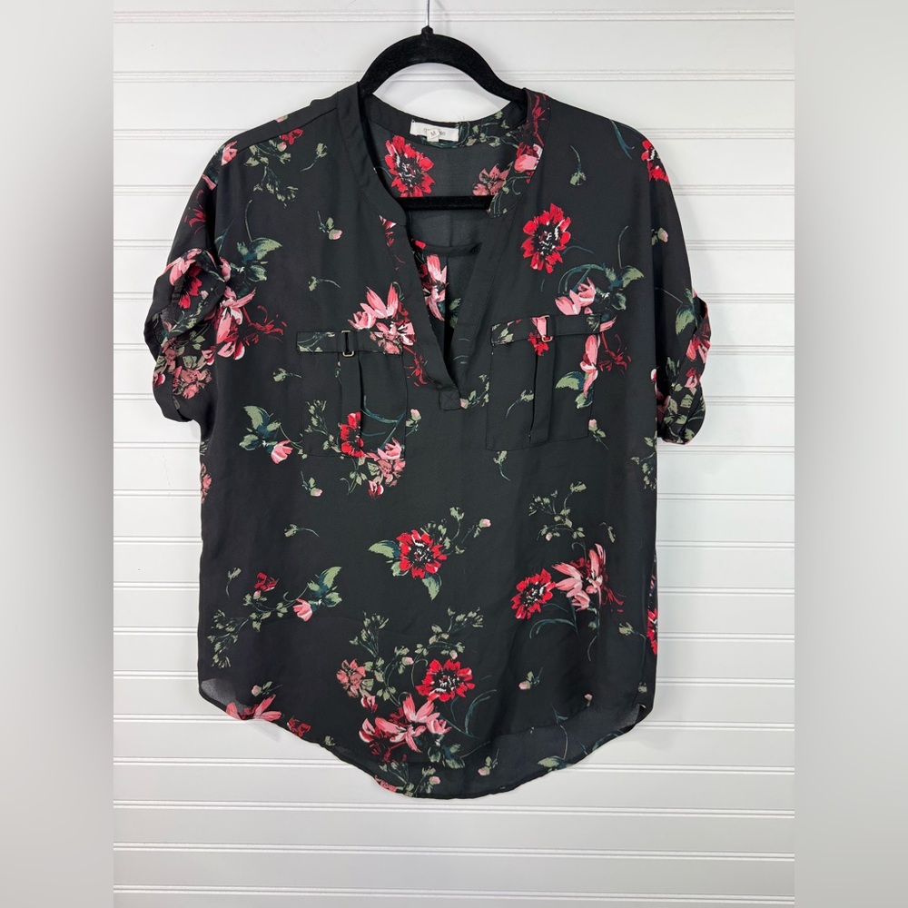 Maurice’s womens Floral red, pink, black sheer business casual dressy blouse. M